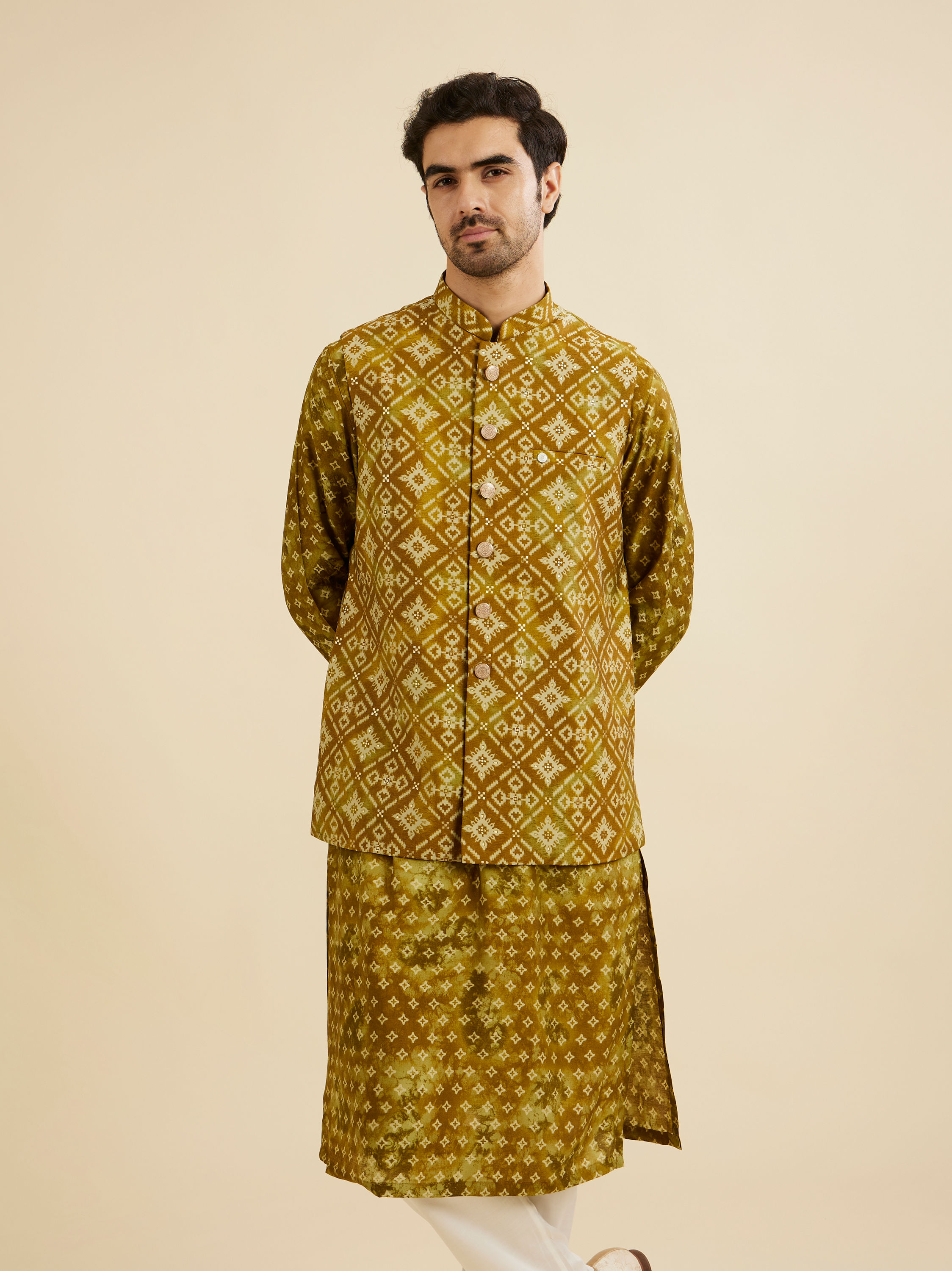 Manyavar Men Mehndi Green Elegance Kurta Jacket Set