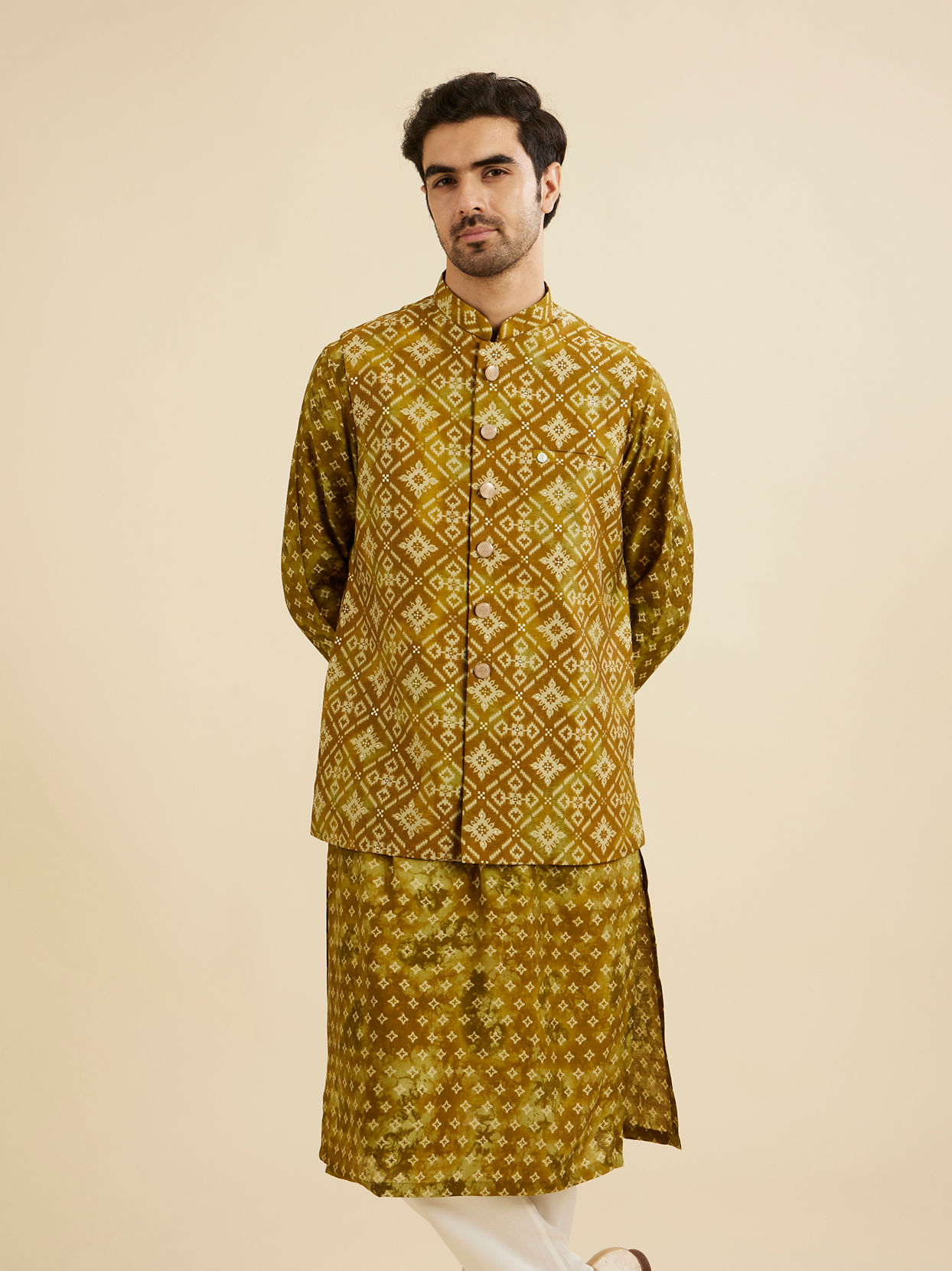 Manyavar Men Mehndi Green Jacket Set with Chowkadi Motifs