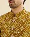Manyavar Men Mehndi Green Jacket Set with Chowkadi Motifs