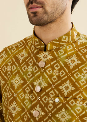 Manyavar Men Mehndi Green Jacket Set with Chowkadi Motifs