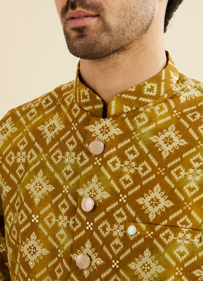 Manyavar Men Mehndi Green Jacket Set with Chowkadi Motifs