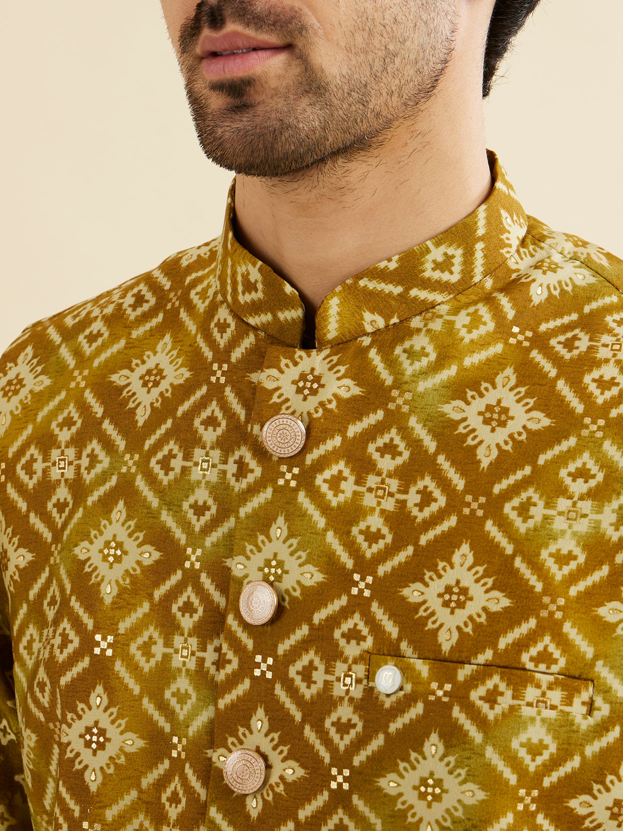 Manyavar Men Mehndi Green Jacket Set with Chowkadi Motifs