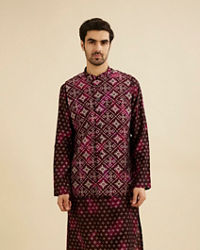 Manyavar Men Dark Wine Jacket Set with Chowkadi Motifs