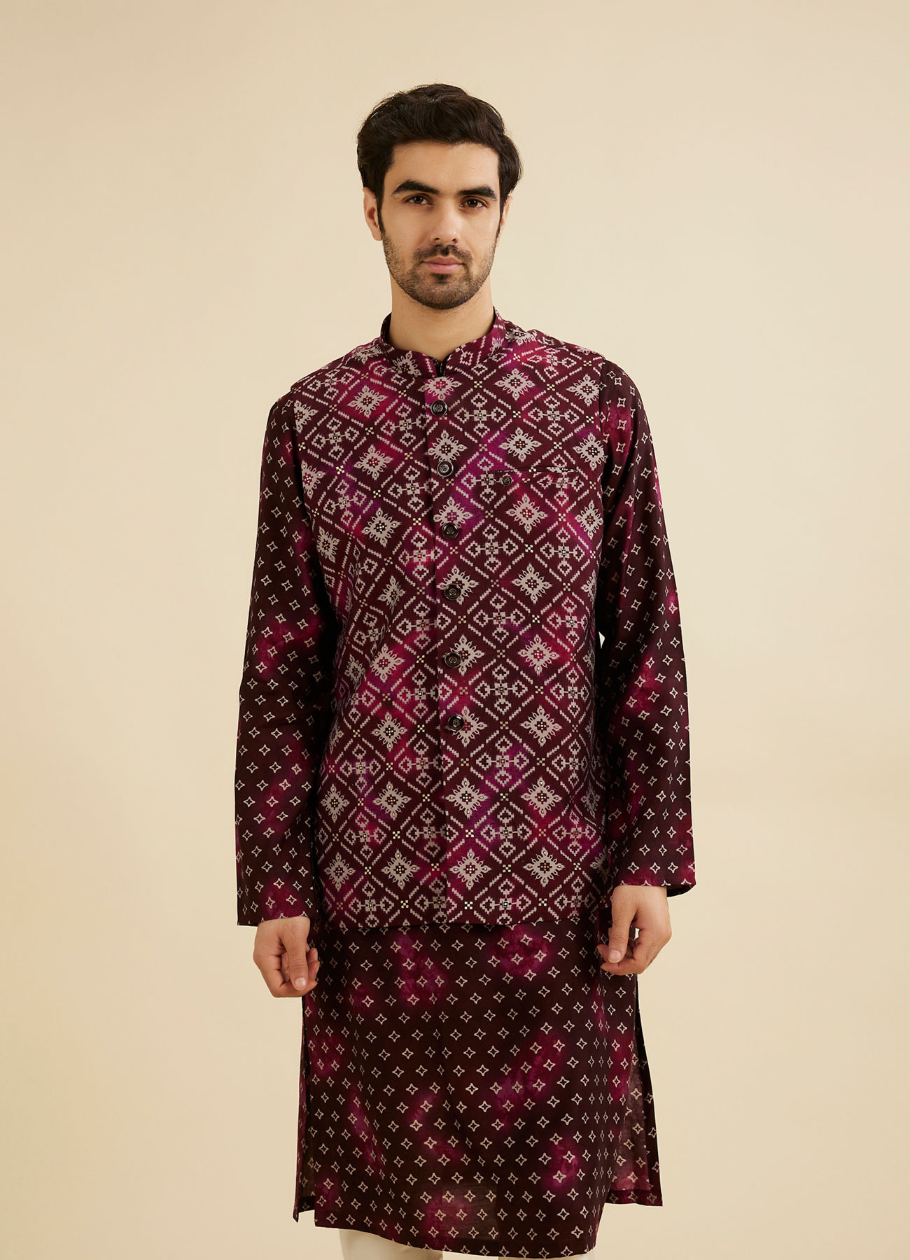 Manyavar Men Dark Wine Jacket Set with Chowkadi Motifs