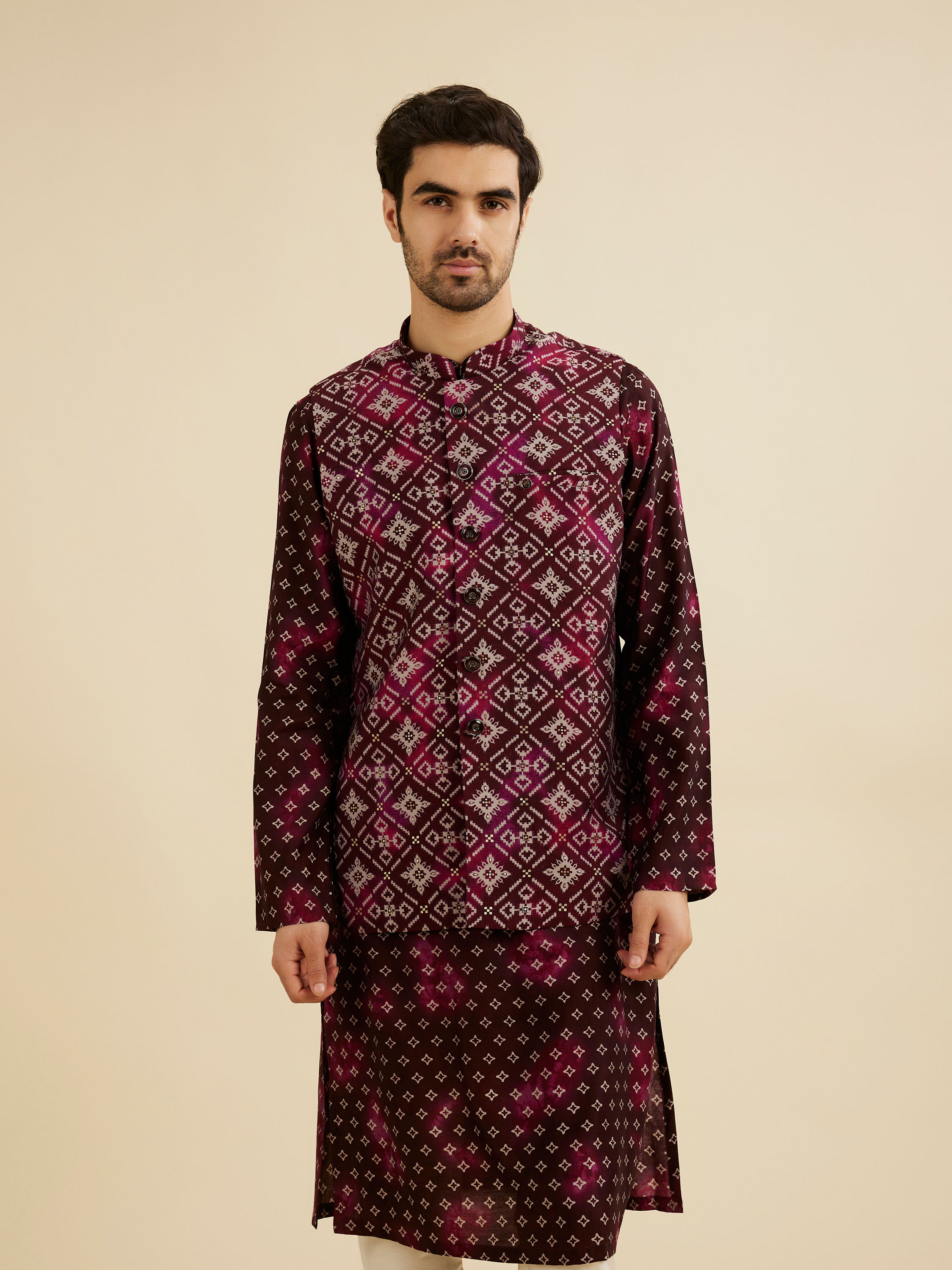 Manyavar Men Dark Wine Jacket Set with Chowkadi Motifs