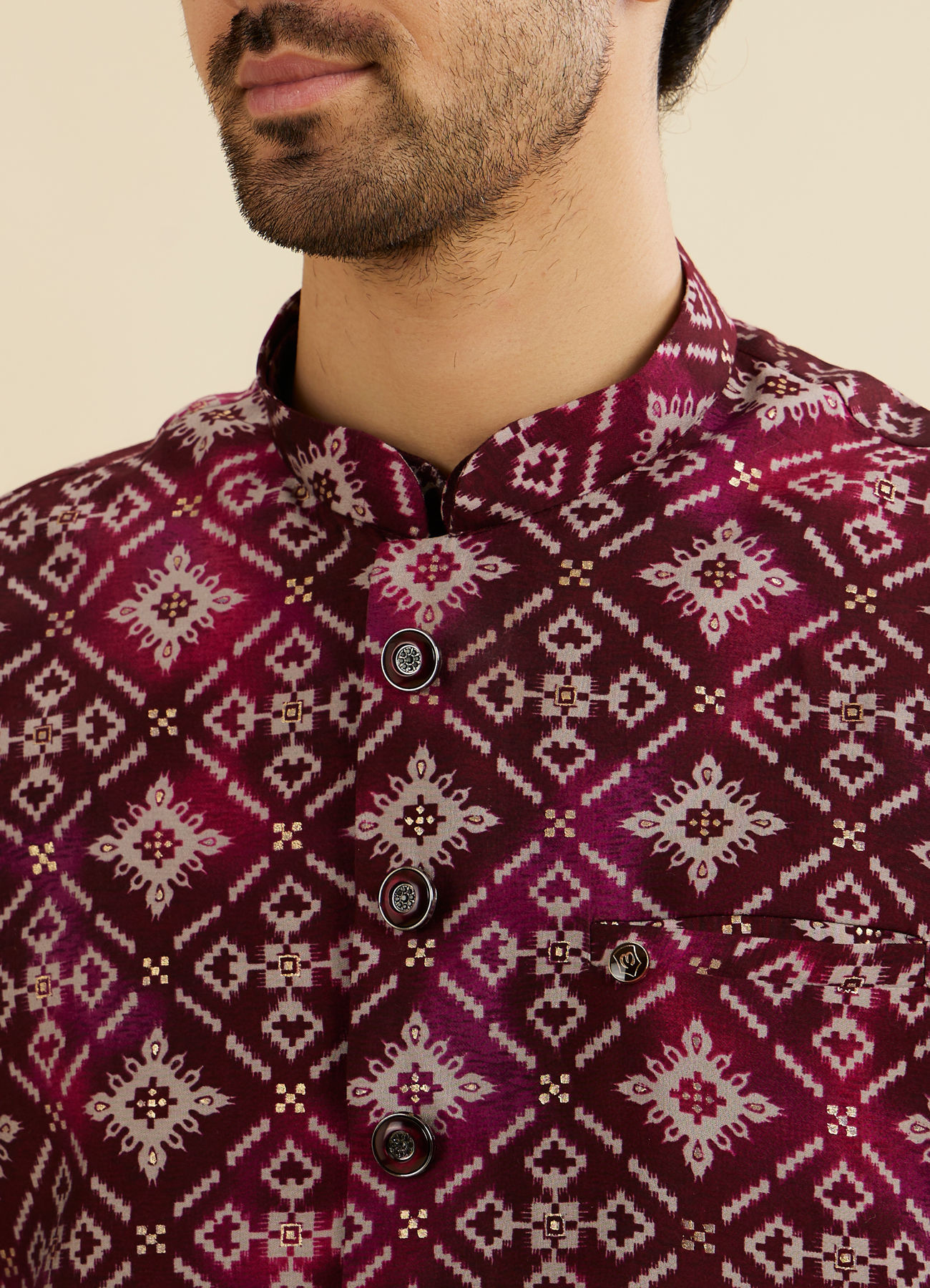 Manyavar Men Dark Wine Jacket Set with Chowkadi Motifs