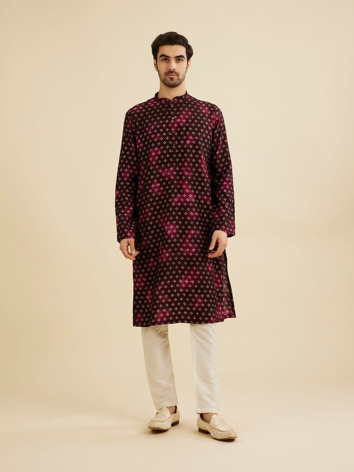 Manyavar Men Dark Wine Jacket Set with Chowkadi Motifs