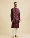 Manyavar Men Dark Wine Jacket Set with Chowkadi Motifs