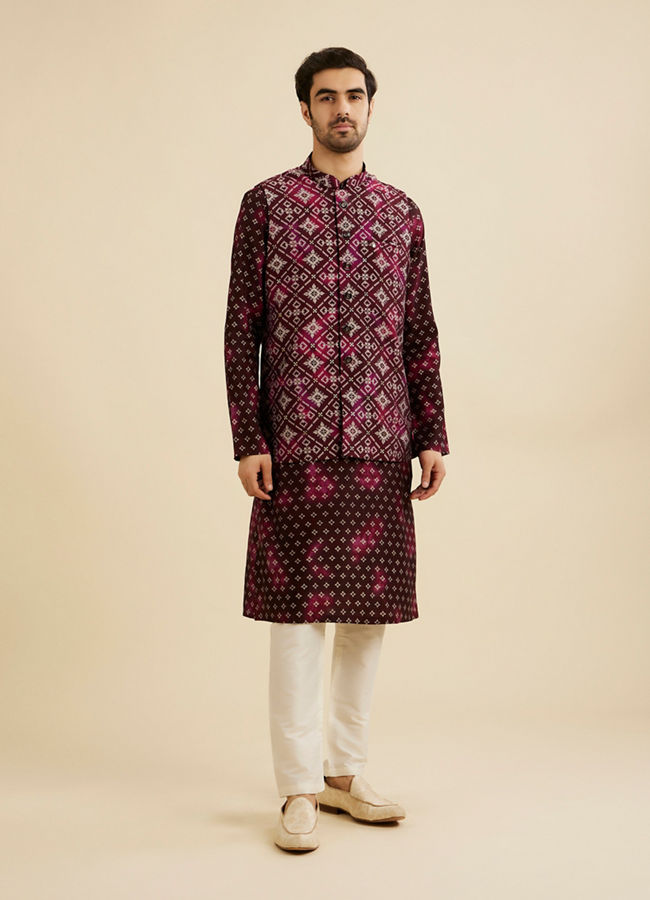 Manyavar Men Dark Wine Jacket Set with Chowkadi Motifs