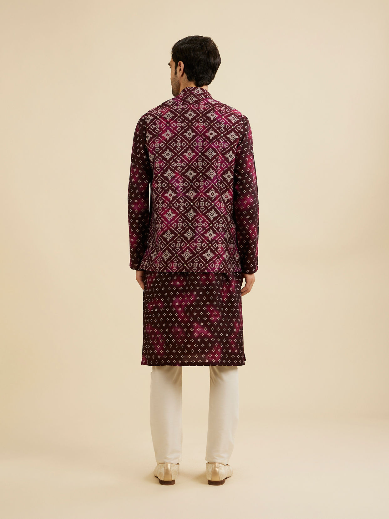 Manyavar Men Dark Wine Jacket Set with Chowkadi Motifs