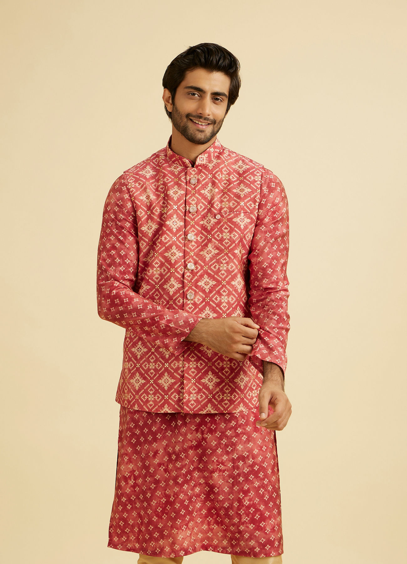 Manyavar Men Coral Pink Elegance Kurta Jacket Set