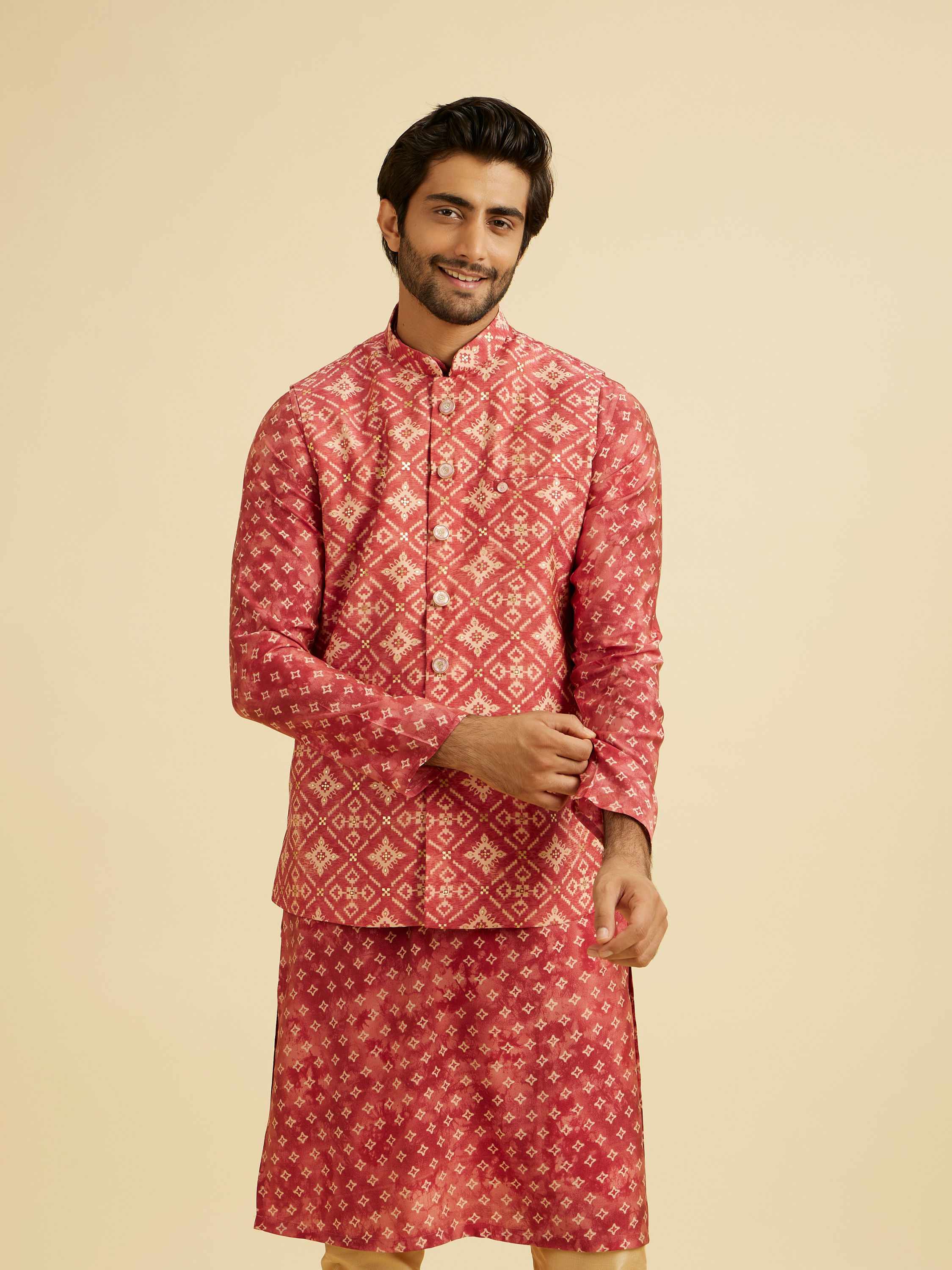 Manyavar Men Coral Pink Elegance Kurta Jacket Set