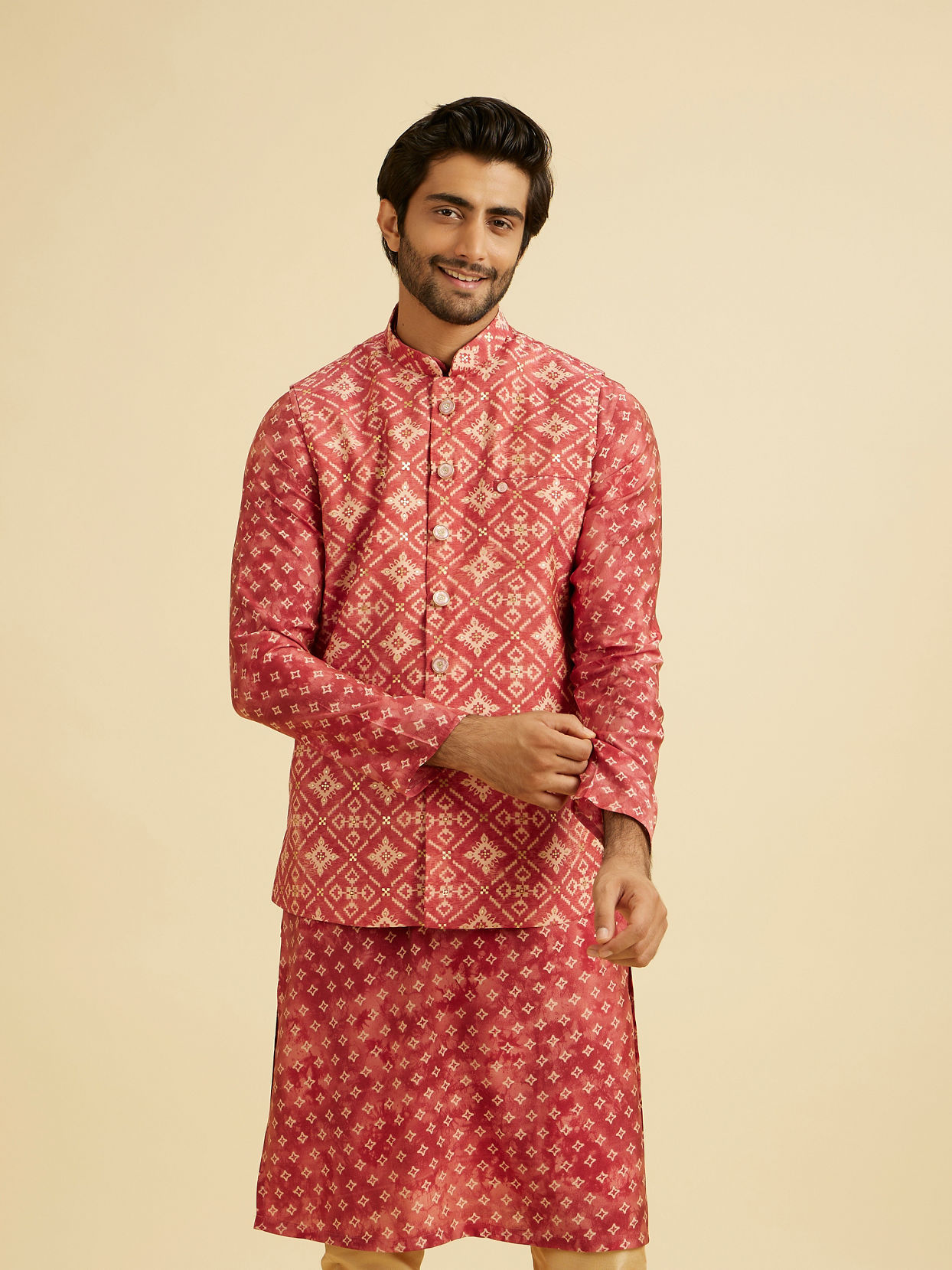 Manyavar Men Coral Pink Elegance Kurta Jacket Set