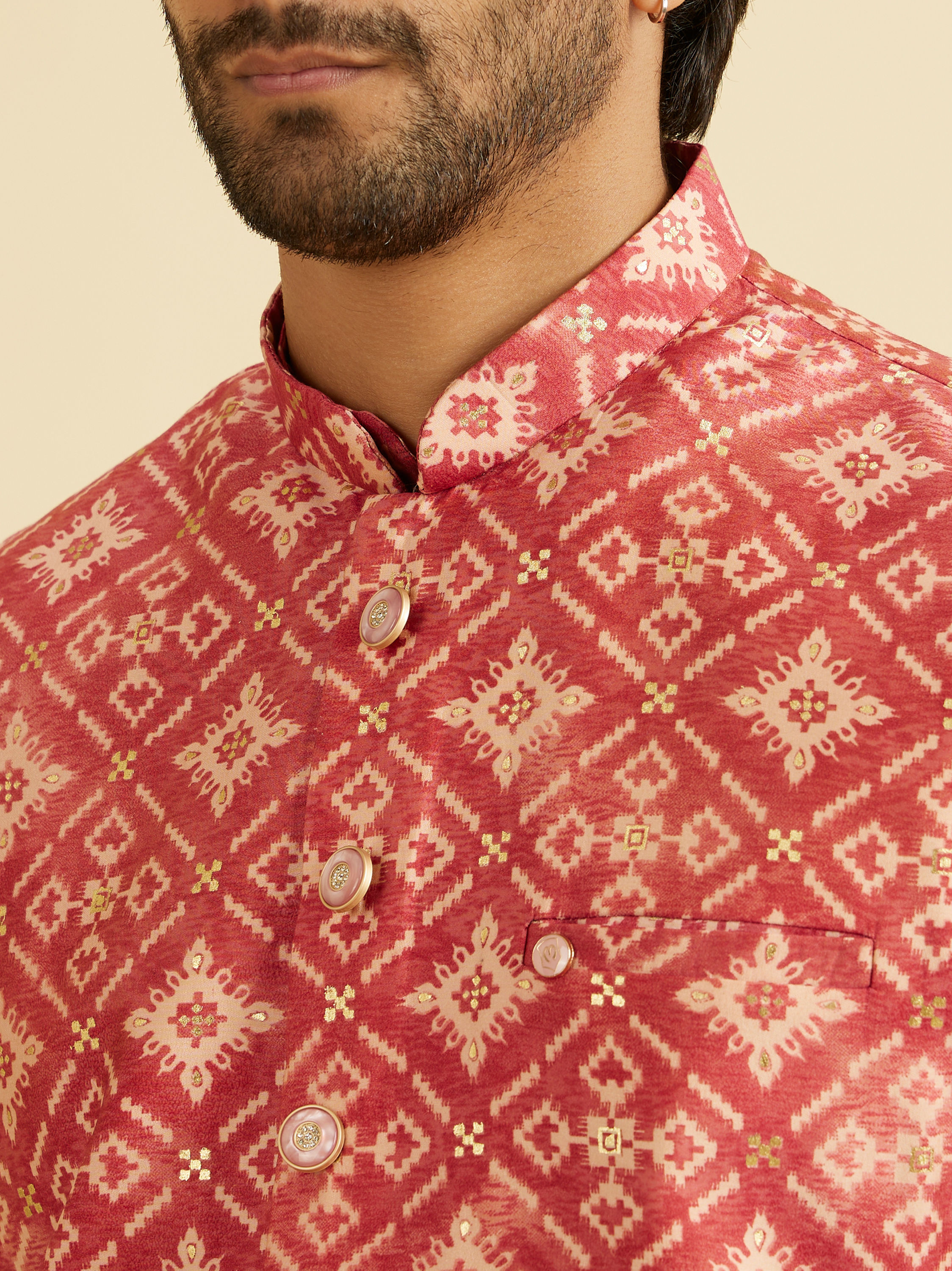 Manyavar Men Coral Pink Elegance Kurta Jacket Set