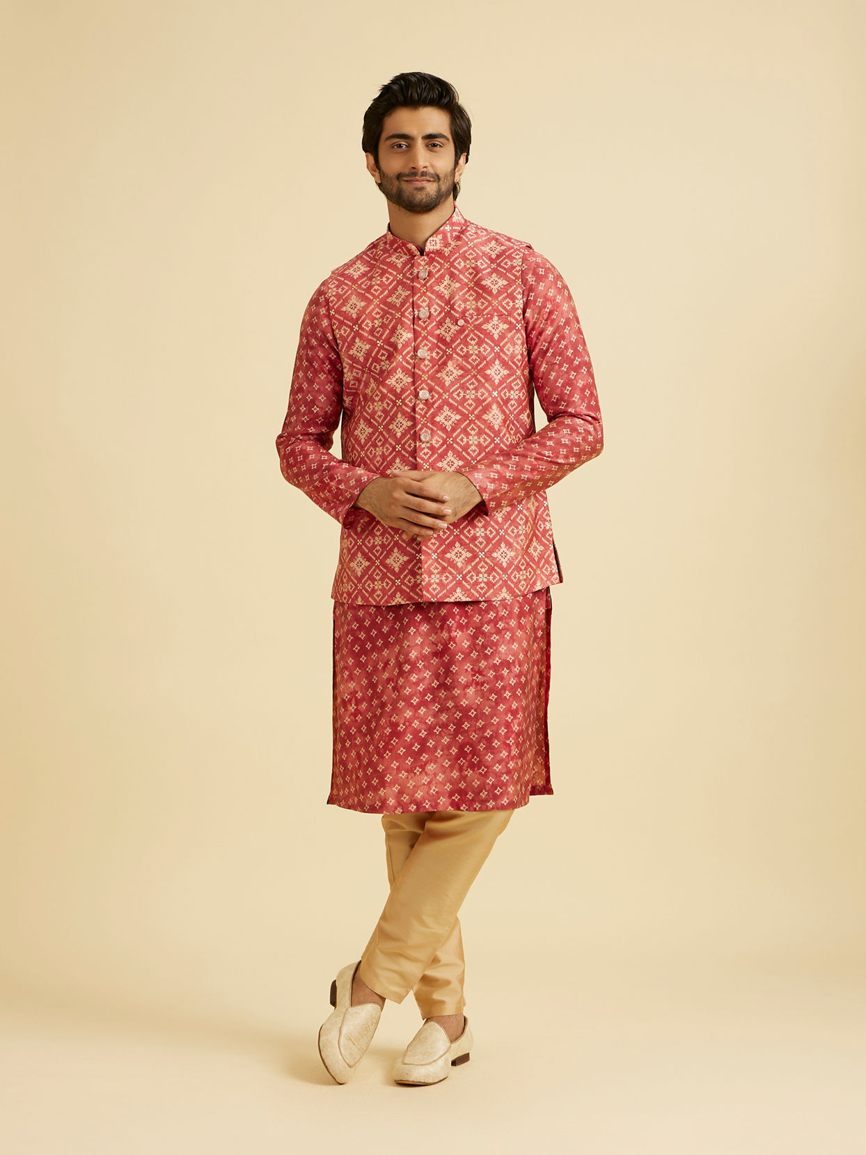 Manyavar Men Coral Pink Elegance Kurta Jacket Set