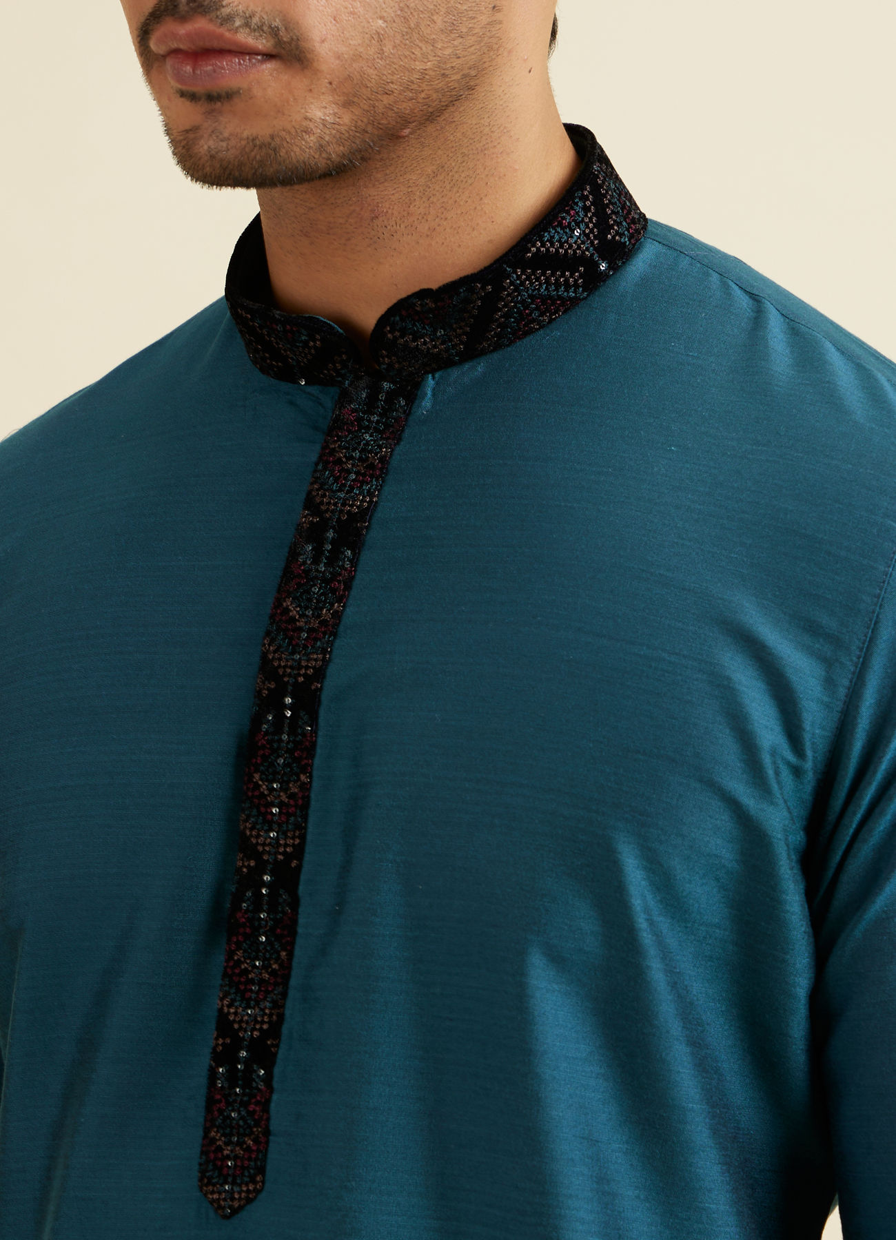 Manyavar Men Dark Blue & Teal Blue Sequined Jacket Set