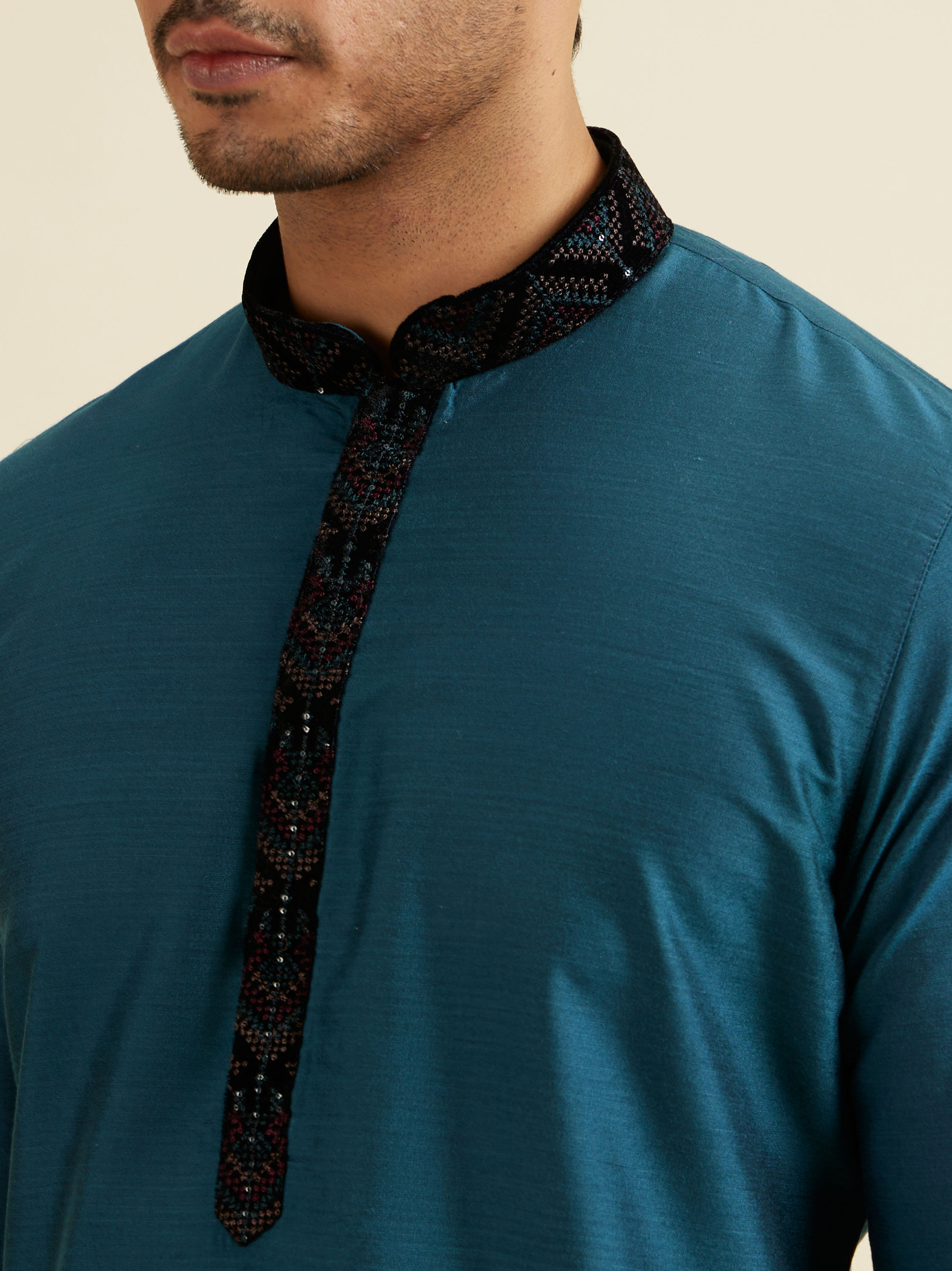 Manyavar Men Dark Blue & Teal Blue Sequined Jacket Set