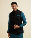 alt message - Manyavar Men Dark Blue & Teal Blue Sequined Jacket Set image number 0