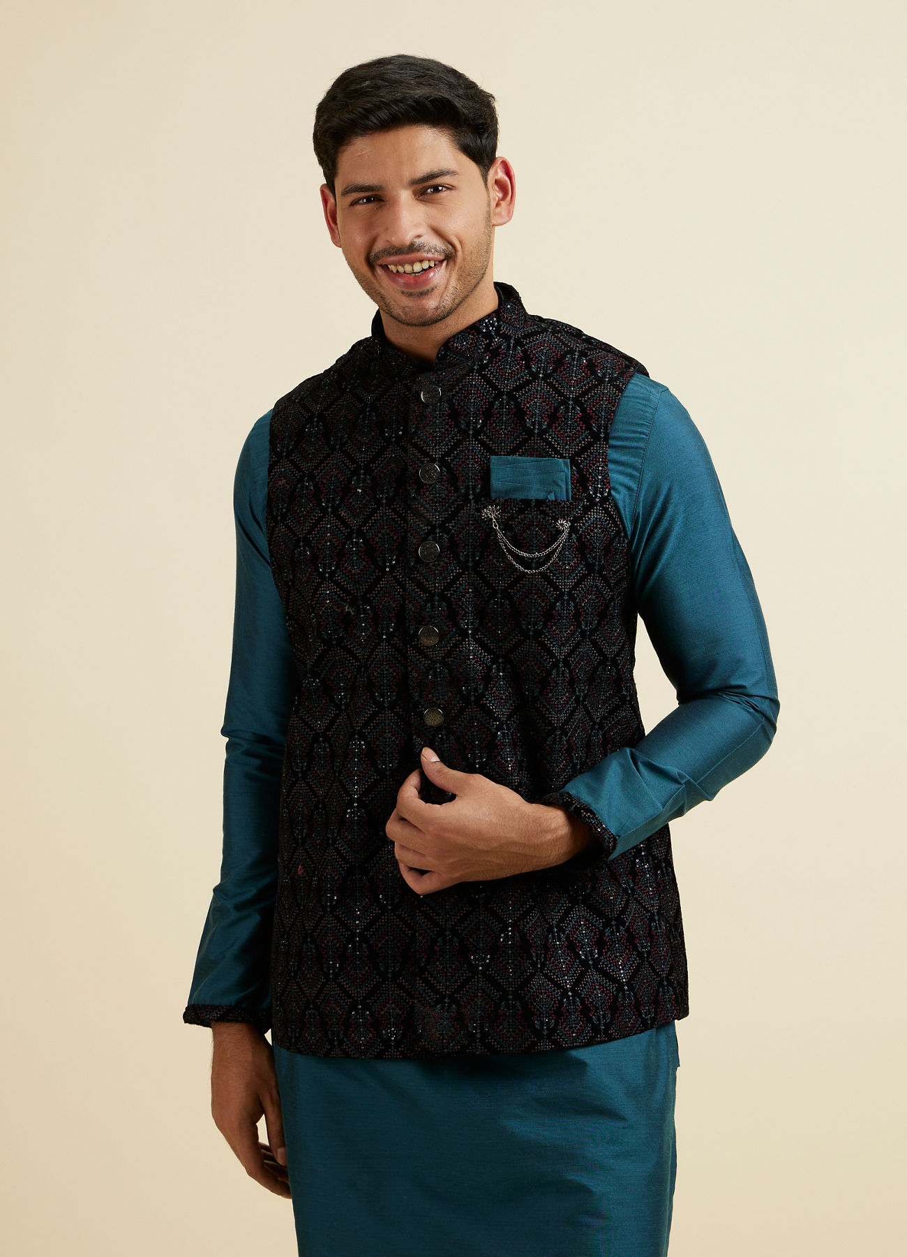 Manyavar Men Dark Blue & Teal Blue Sequined Jacket Set