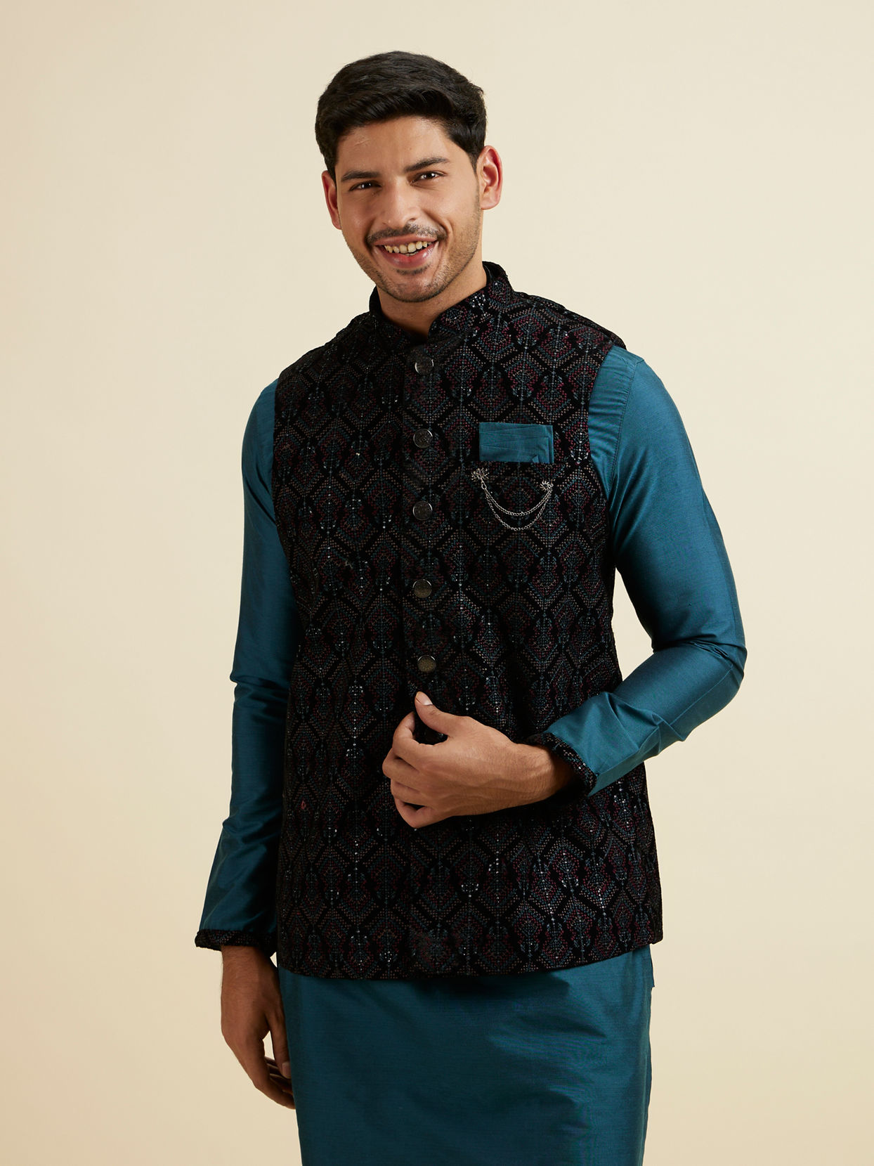 alt message - Manyavar Men Dark Blue & Teal Blue Sequined Jacket Set image number 0