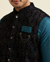 alt message - Manyavar Men Dark Blue & Teal Blue Sequined Jacket Set image number 2