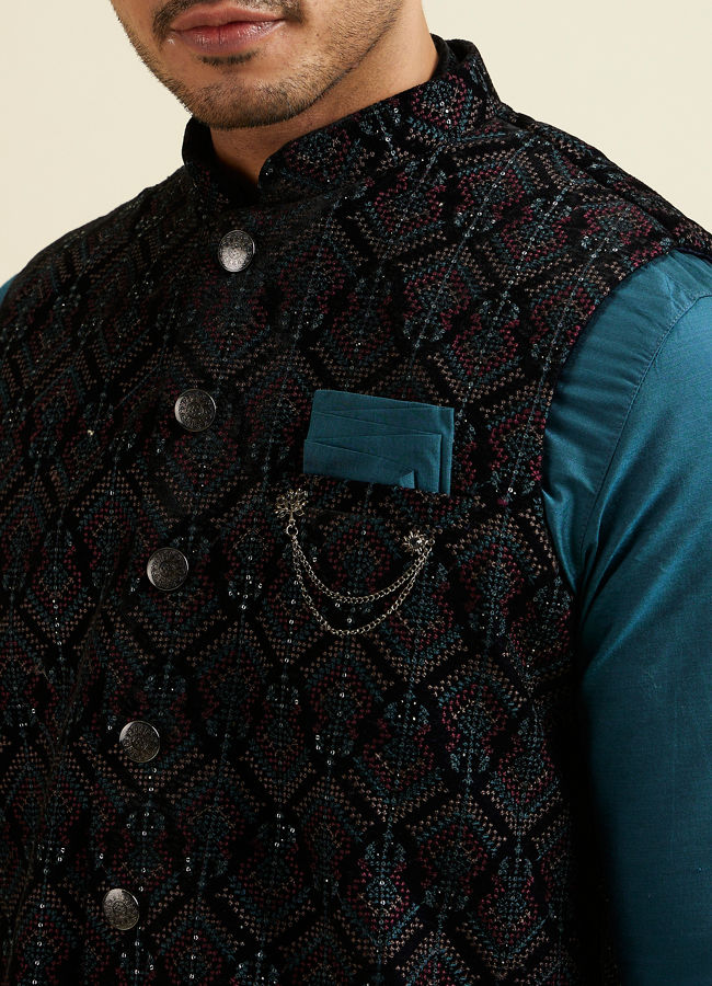 Manyavar Men Dark Blue & Teal Blue Sequined Jacket Set