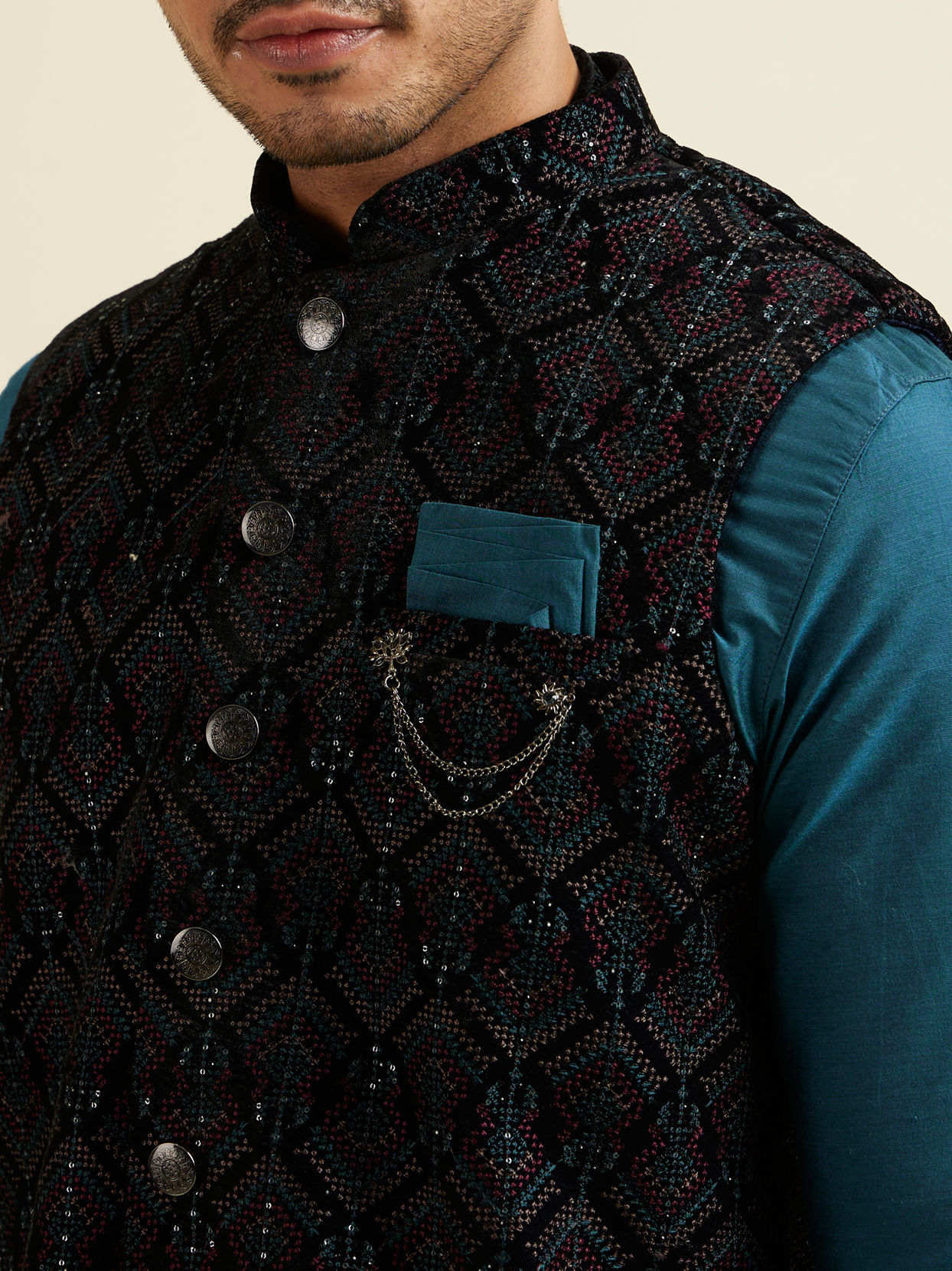 alt message - Manyavar Men Dark Blue & Teal Blue Sequined Jacket Set image number 2