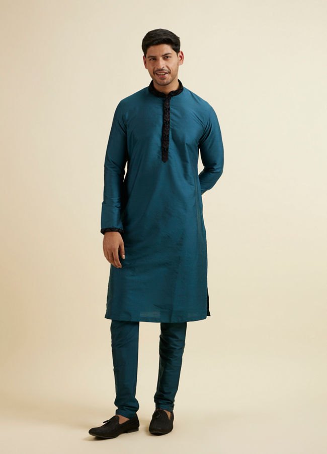 Manyavar Men Dark Blue & Teal Blue Sequined Jacket Set