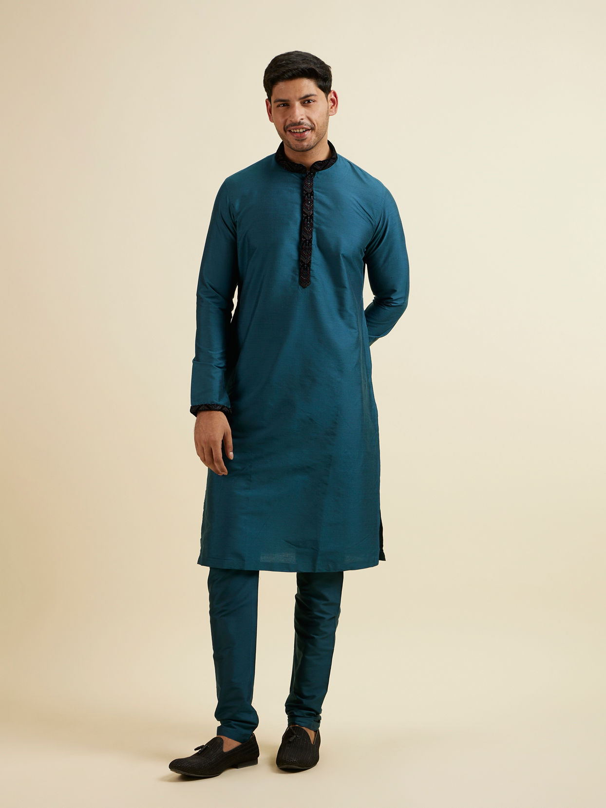 Manyavar Men Dark Blue & Teal Blue Sequined Jacket Set