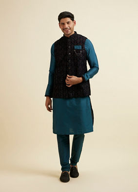 Manyavar Men Dark Blue & Teal Blue Sequined Jacket Set image number 4