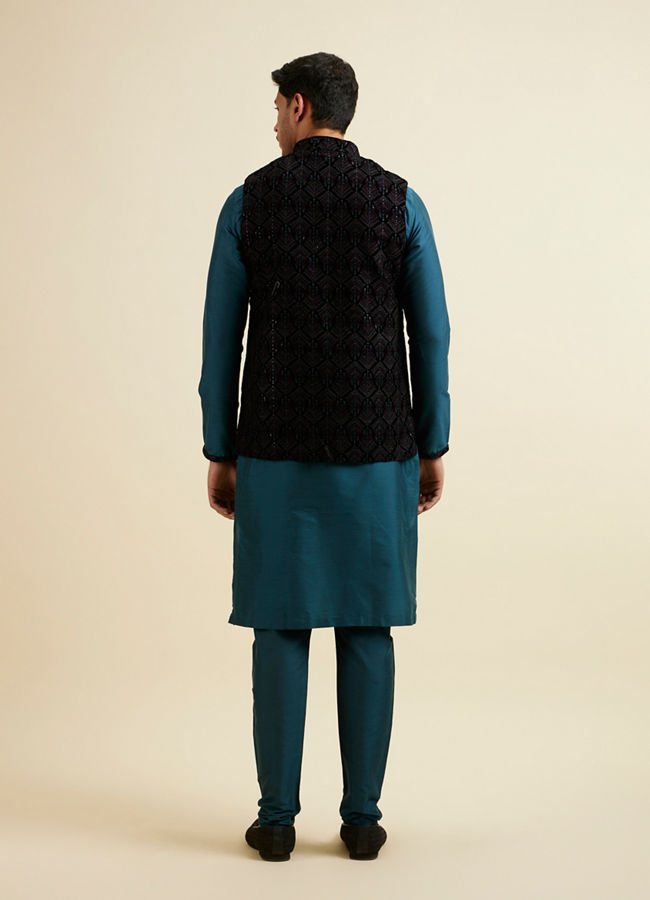 Manyavar Men Dark Blue & Teal Blue Sequined Jacket Set