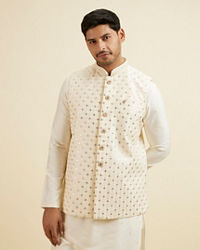 Manyavar Men Bright Cream Mirror Embellished Jacket Set