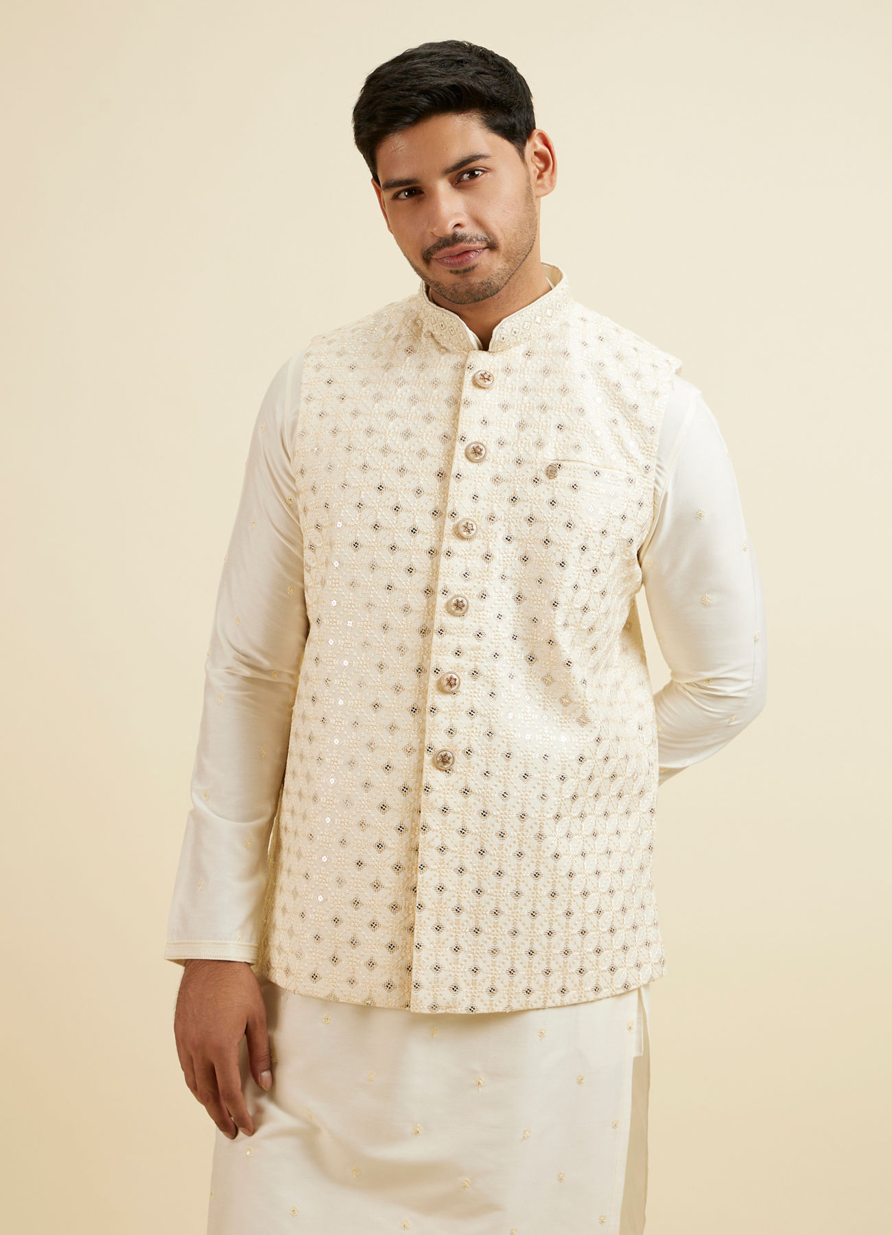 Manyavar Men Bright Cream Mirror Embellished Jacket Set