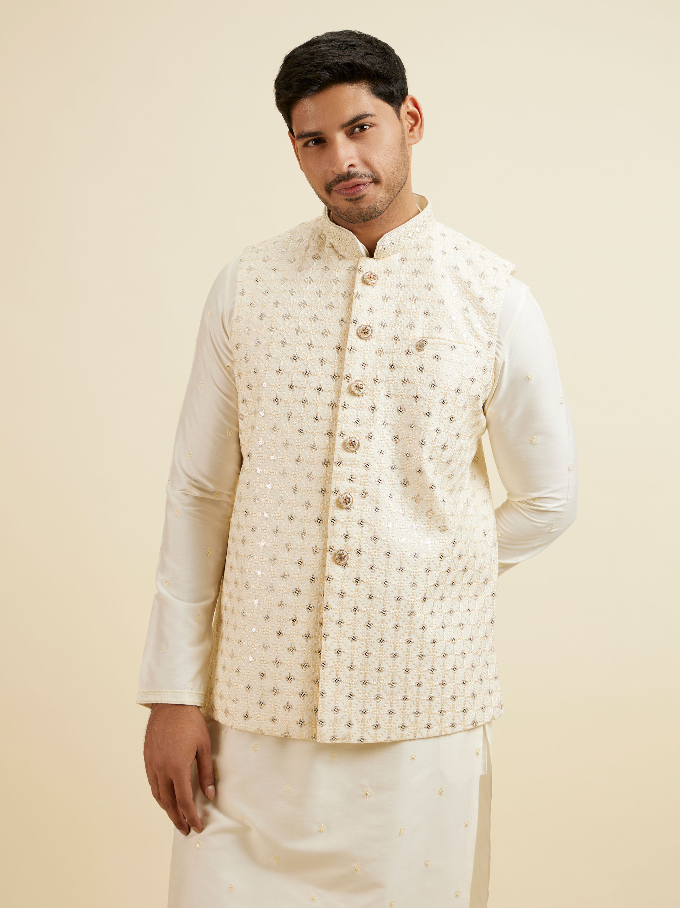 Manyavar Men Bright Cream Mirror Embellished Jacket Set