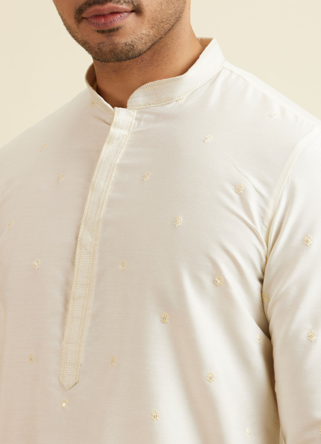 Manyavar Men Bright Cream Mirror Embellished Jacket Set