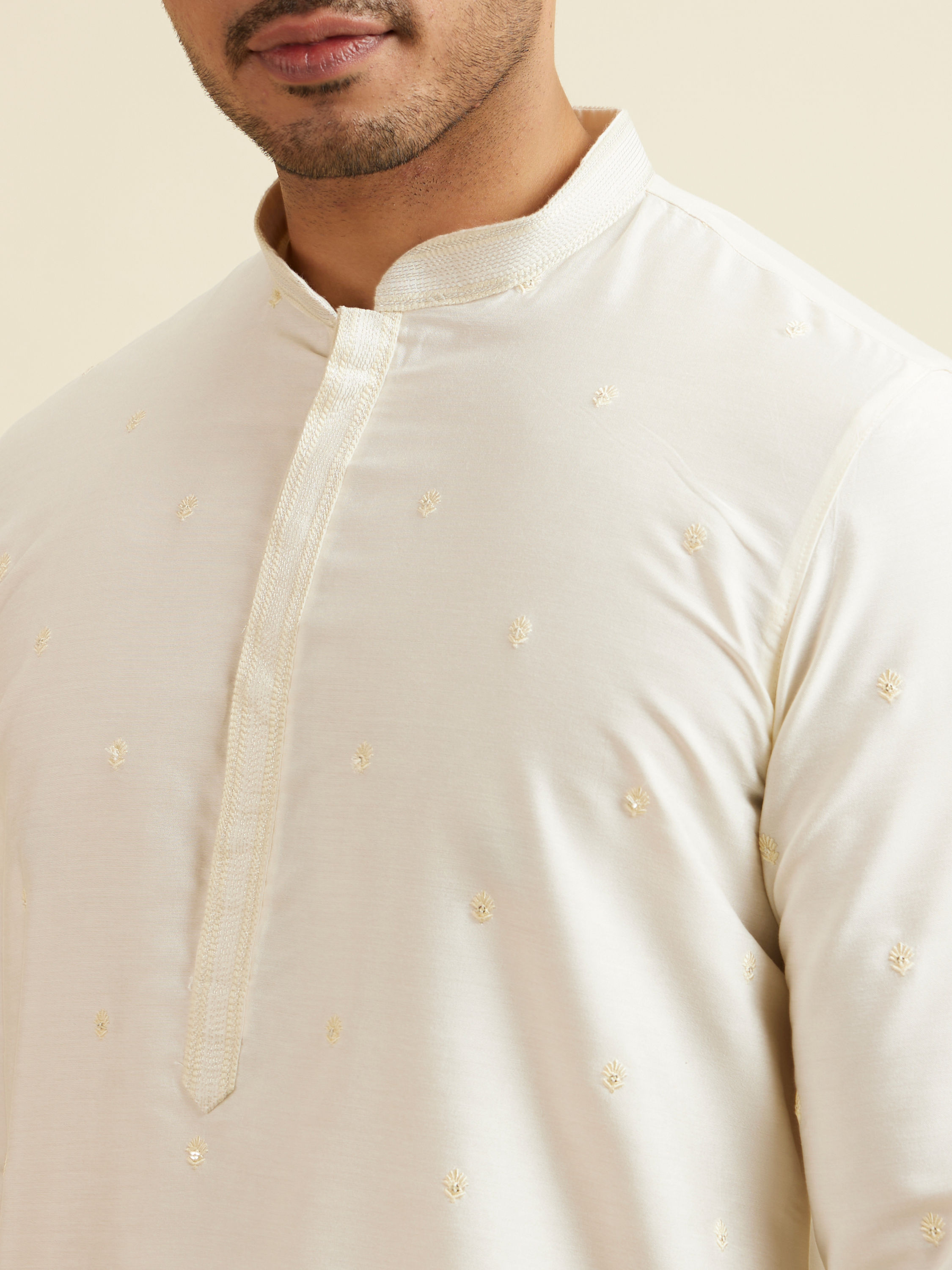 Manyavar Men Bright Cream Mirror Embellished Jacket Set