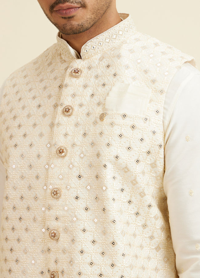 Manyavar Men Bright Cream Mirror Embellished Jacket Set