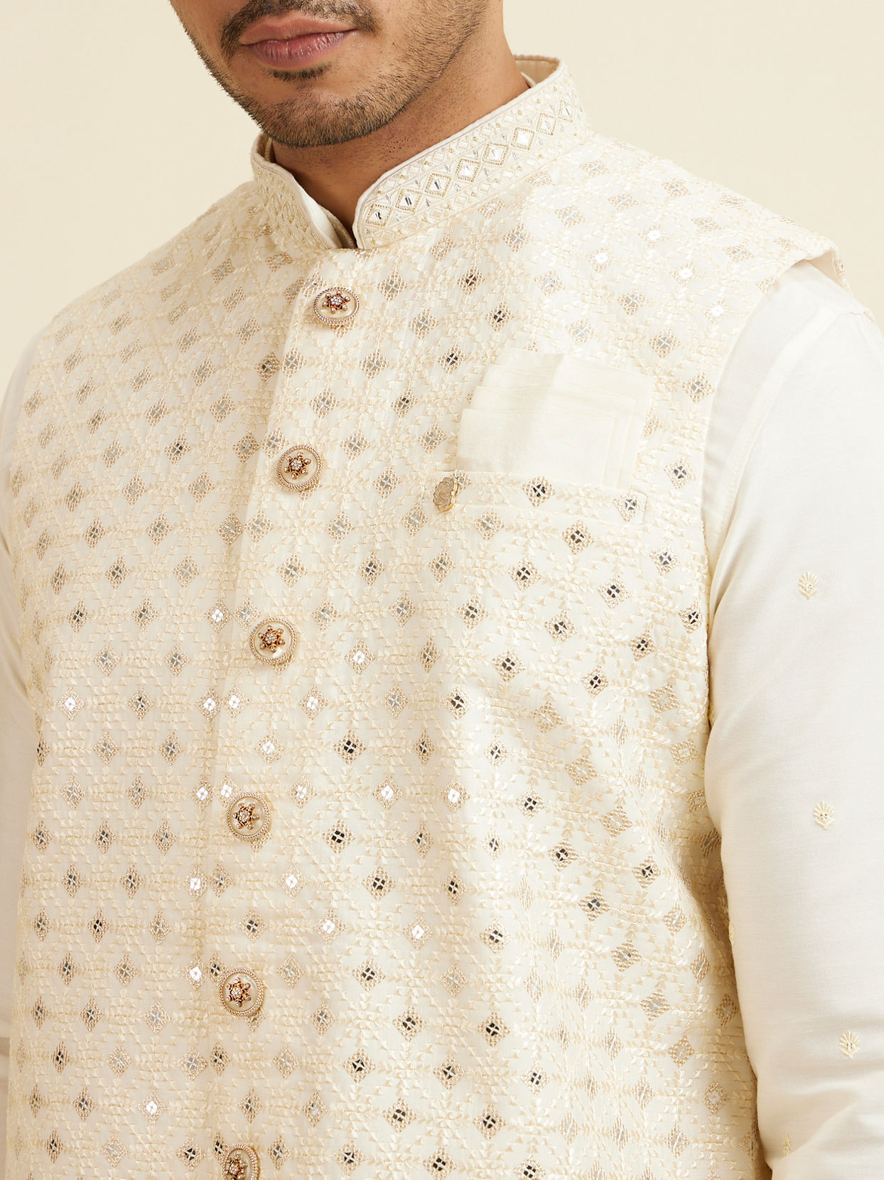 Manyavar Men Bright Cream Mirror Embellished Jacket Set