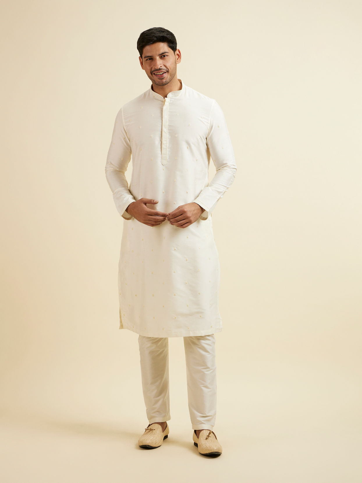 Manyavar Men Bright Cream Mirror Embellished Jacket Set