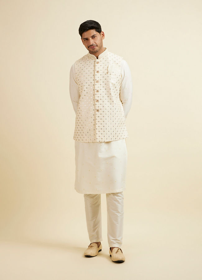 Manyavar Men Bright Cream Mirror Embellished Jacket Set