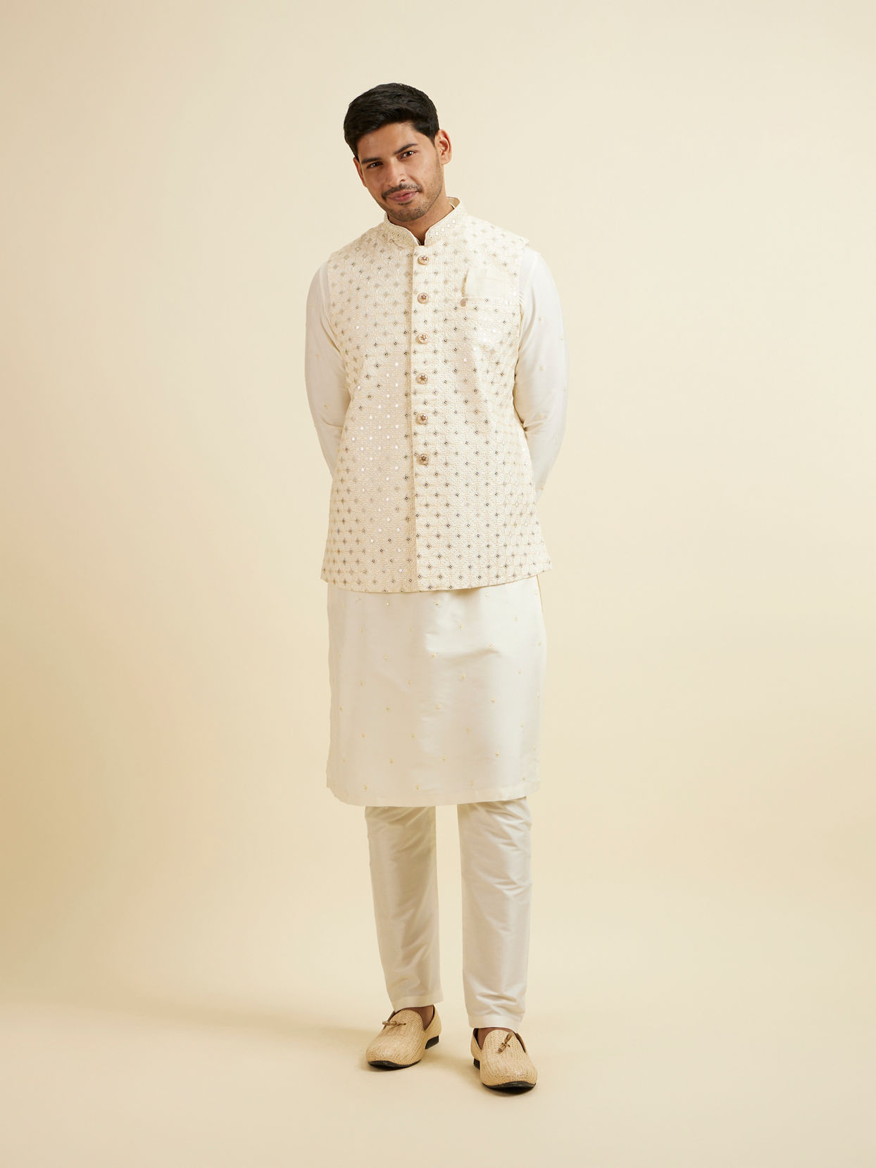 Manyavar Men Bright Cream Mirror Embellished Jacket Set