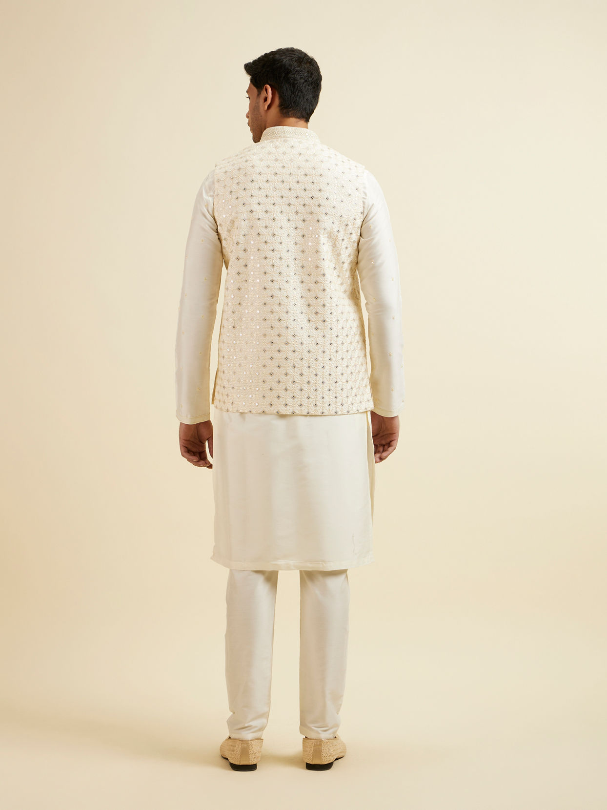 Manyavar Men Bright Cream Mirror Embellished Jacket Set