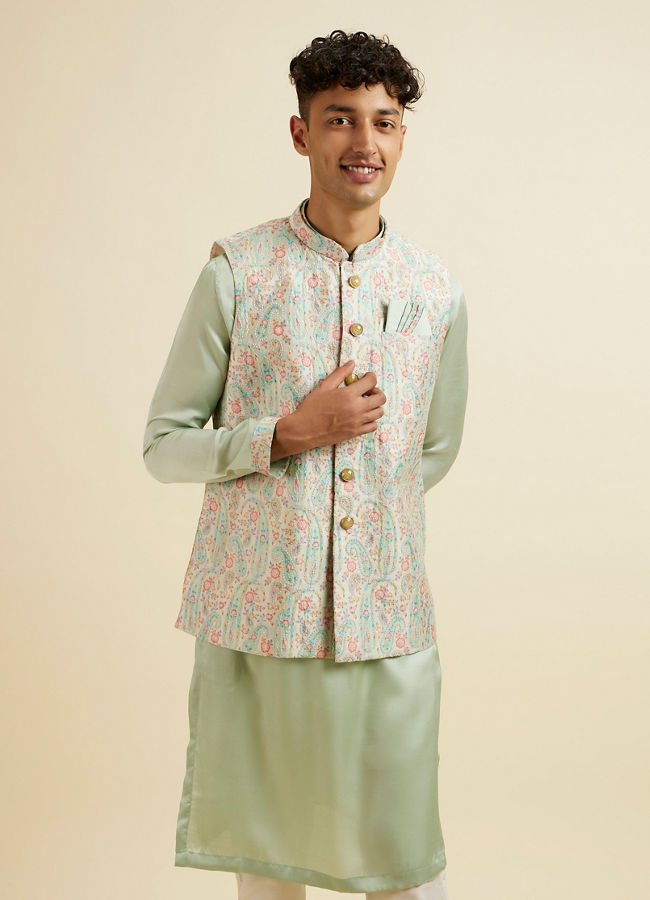 Manyavar Men Light Mid Green Paisley Print Jacket Set