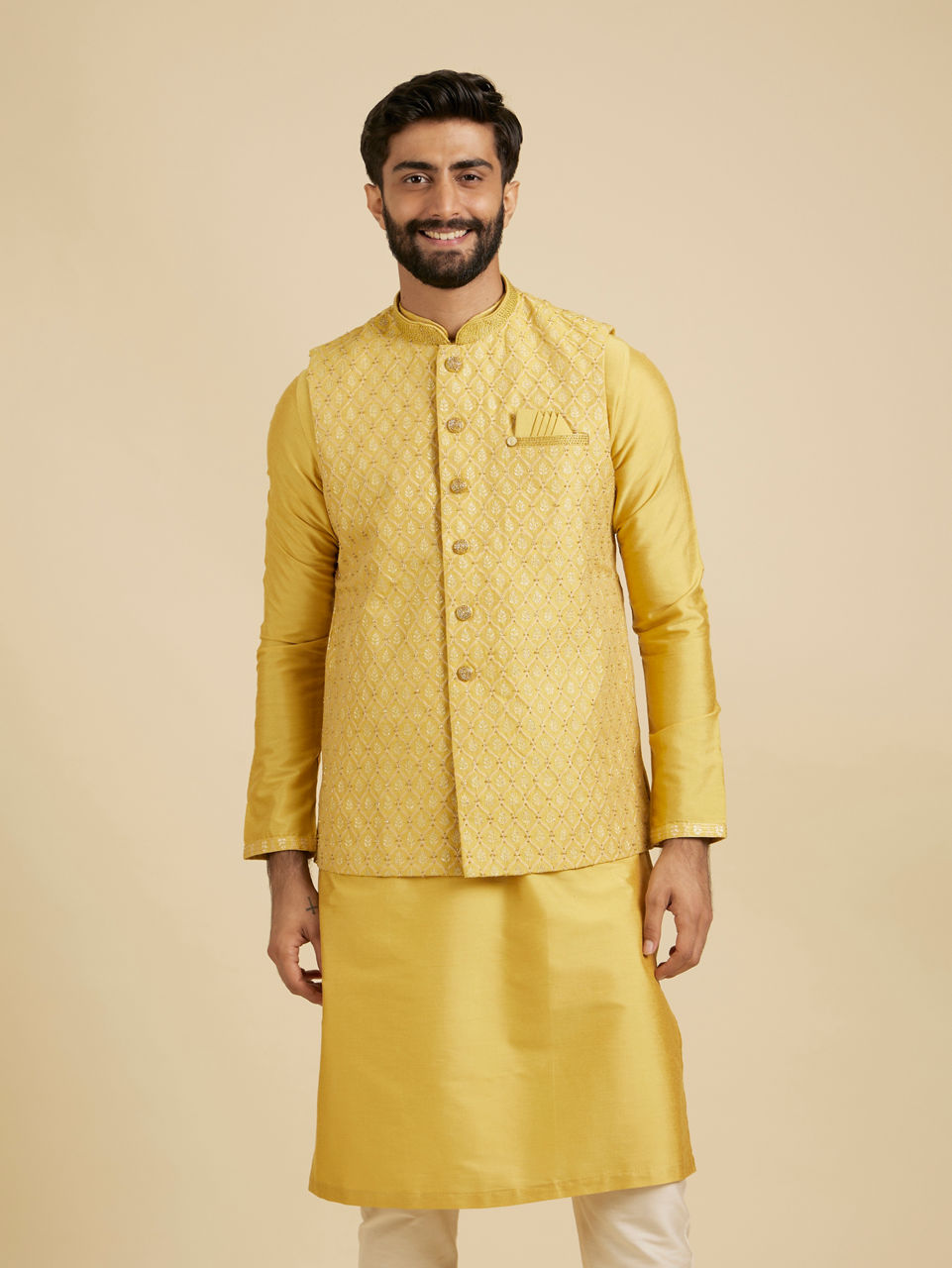 Manyavar Men Mustard Yellow Jaal Patterned Jacket Set with Fern Motifs