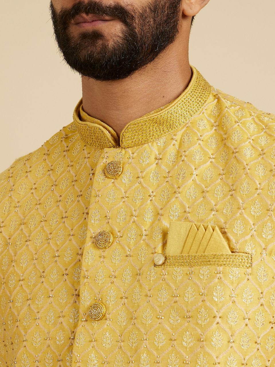 Manyavar Men Mustard Yellow Jaal Patterned Jacket Set with Fern Motifs