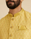 Manyavar Men Mustard Yellow Jaal Patterned Jacket Set with Fern Motifs