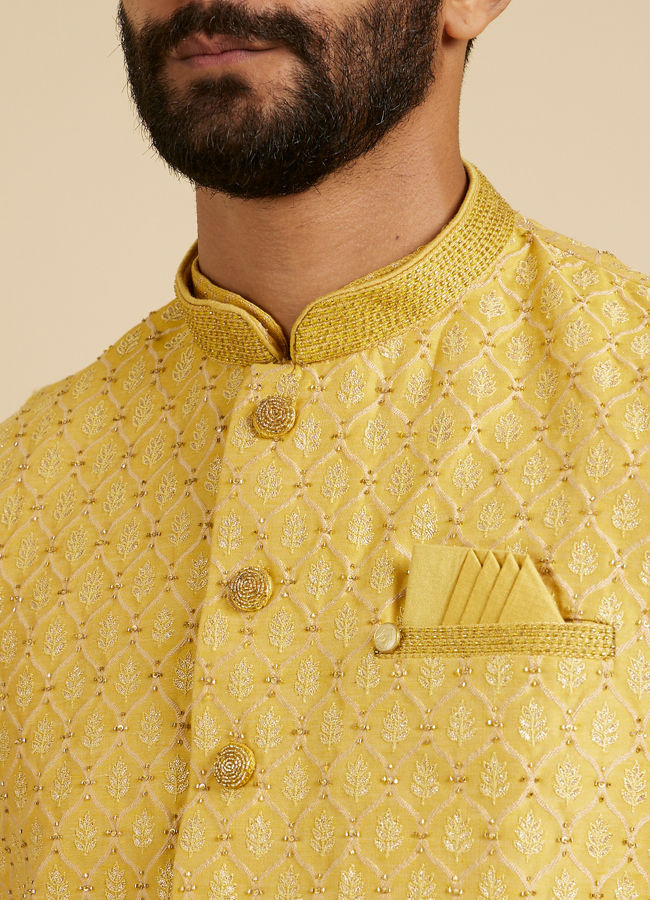 Manyavar Men Mustard Yellow Jaal Patterned Jacket Set with Fern Motifs