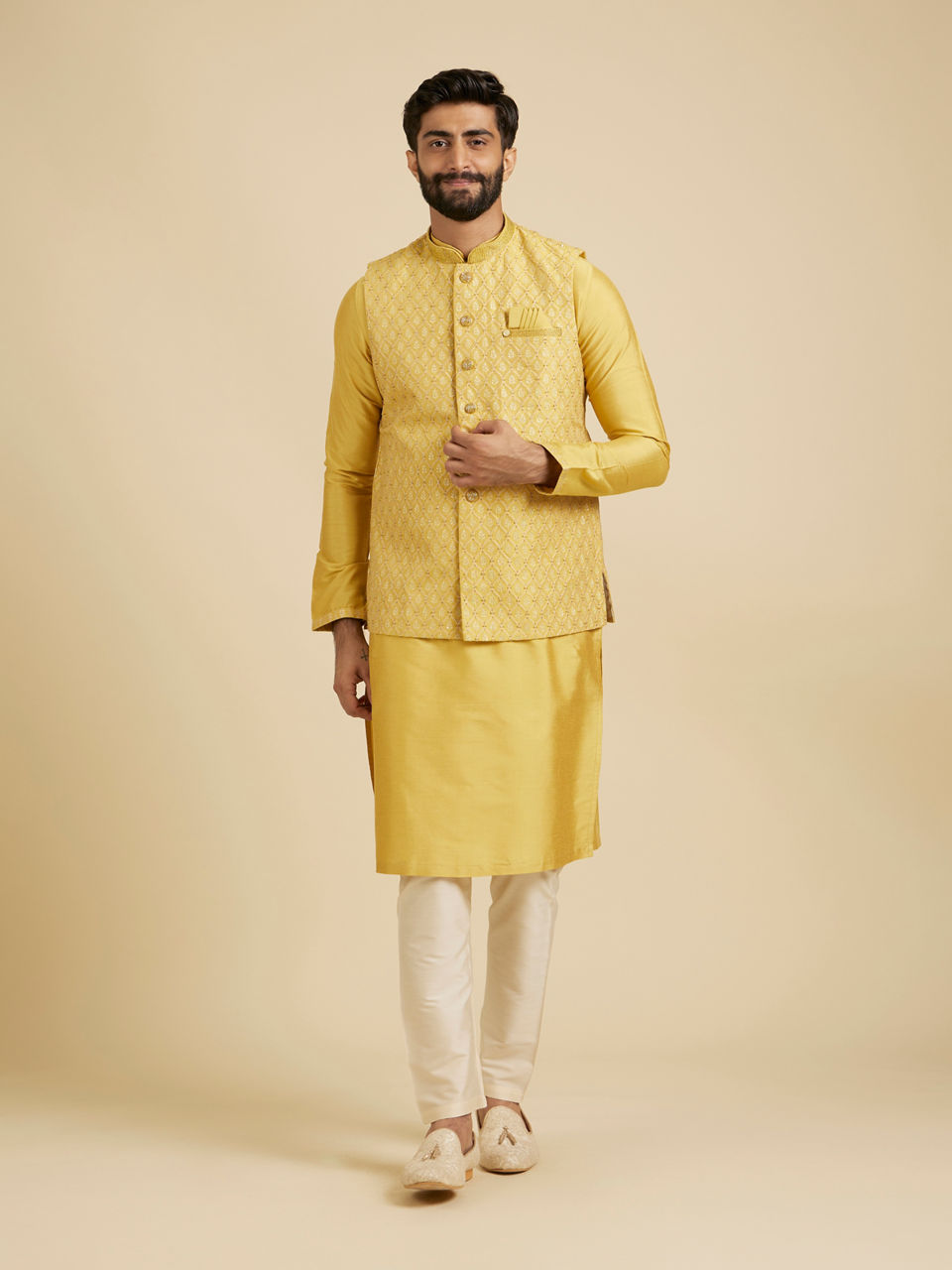 Manyavar Men Mustard Yellow Jaal Patterned Jacket Set with Fern Motifs