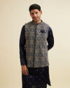 Manyavar Men Dark Blue Buta Patterned Jacket Set