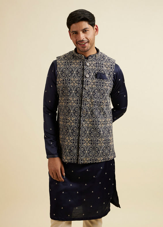 Manyavar Men Dark Blue Buta Patterned Jacket Set